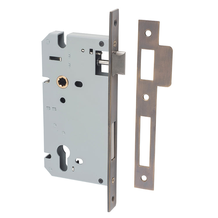 Mortice 85mm Euro Locks - 60mm Backset Antique Brass / Steel & Sheet Brass