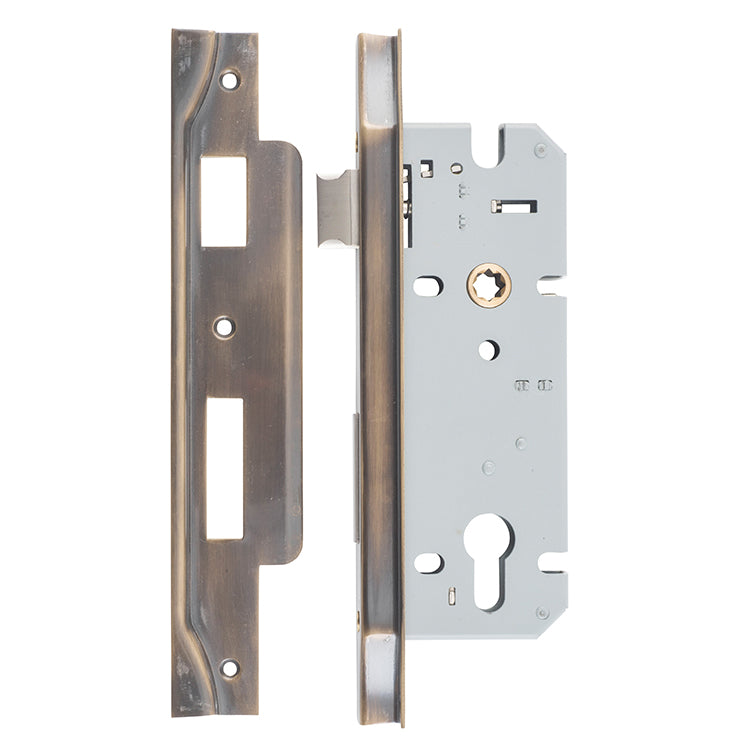 Rebated 85mm Euro Mortice Locks - 45mm Backset Antique Brass / Steel & Sheet Brass