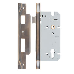 Rebated 85mm Euro Mortice Locks - 60mm Backset Antique Brass / Steel & Sheet Brass