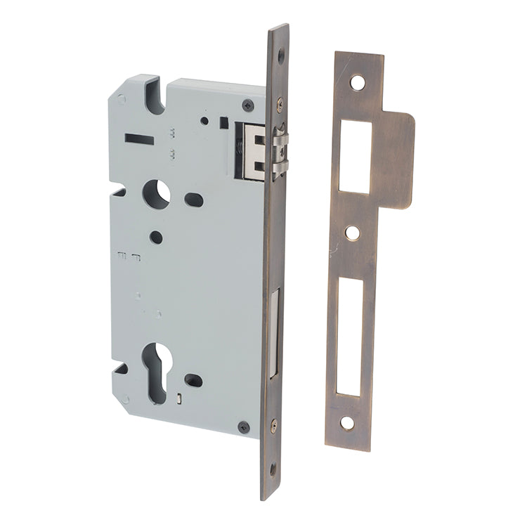Mortice 85mm Euro Roller Lock - 60mm Backset Antique Brass / Steel & Sheet Brass