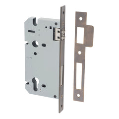 Mortice 85mm Euro Roller Lock - 60mm Backset Antique Brass / Steel & Sheet Brass