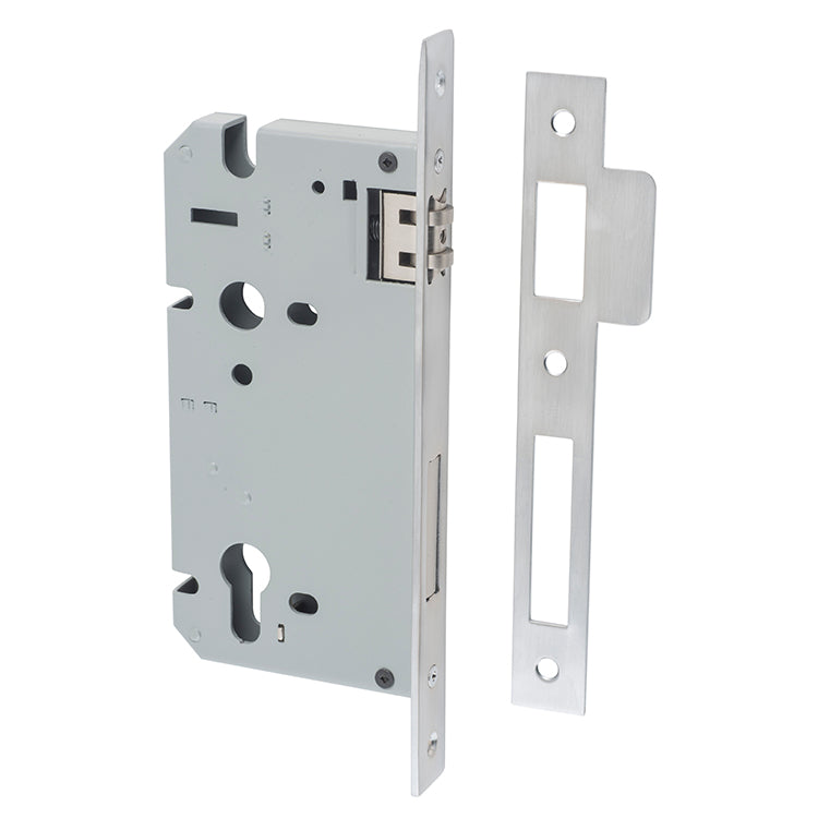 Mortice 85mm Euro Roller Lock - 60mm Backset Satin Chrome / Steel & Sheet Brass
