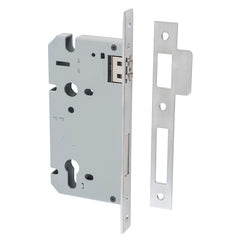 Mortice 85mm Euro Roller Lock - 60mm Backset Satin Chrome / Steel & Sheet Brass