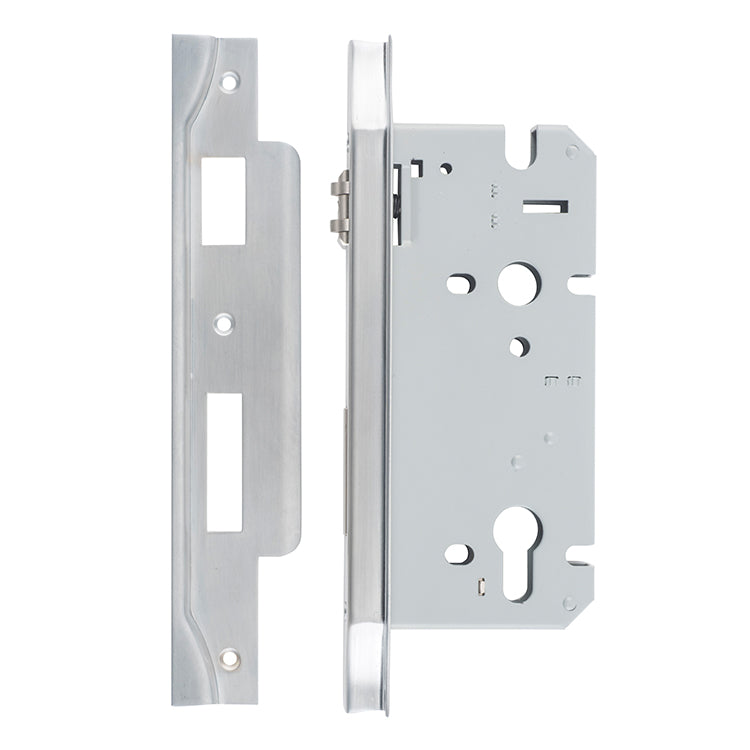 Rebated 85mm Euro Roller Mortice Locks - 60mm Backset Satin Chrome / Steel & Sheet Brass