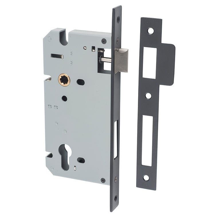 Mortice 85mm Euro Locks - 60mm Backset Matt Black / Steel & Sheet Brass