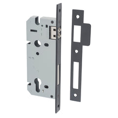 Mortice 85mm Euro Roller Lock - 45mm Backset Matt Black / Steel & Sheet Brass