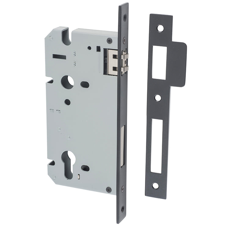 Mortice 85mm Euro Roller Lock - 60mm Backset Matt Black / Steel & Sheet Brass