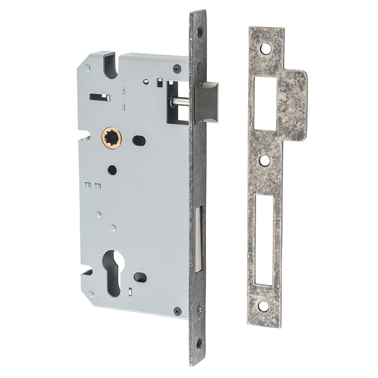 Mortice 85mm Euro Locks - 60mm Backset Rumbled Nickel / Steel & Sheet Brass
