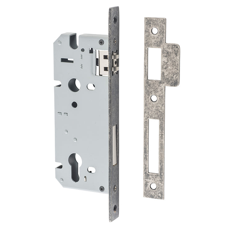 Mortice 85mm Euro Roller Lock - 45mm Backset Rumbled Nickel / Steel & Sheet Brass