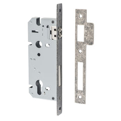 Mortice 85mm Euro Roller Lock - 45mm Backset Rumbled Nickel / Steel & Sheet Brass