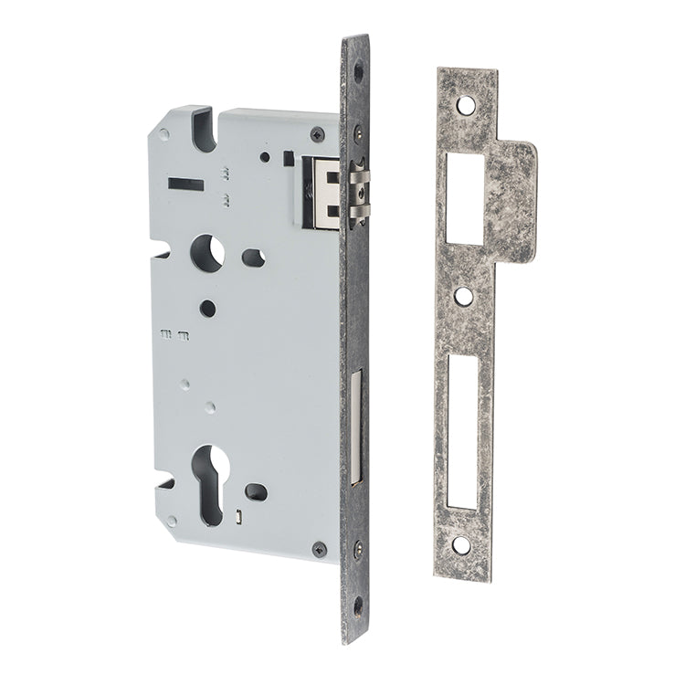 Mortice 85mm Euro Roller Lock - 60mm Backset Rumbled Nickel / Steel & Sheet Brass
