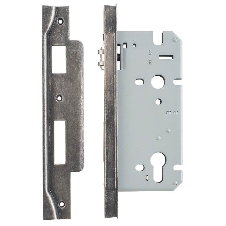 Rebated 85mm Euro Roller Mortice Locks - 60mm Backset Rumbled Nickel / Steel & Sheet Brass