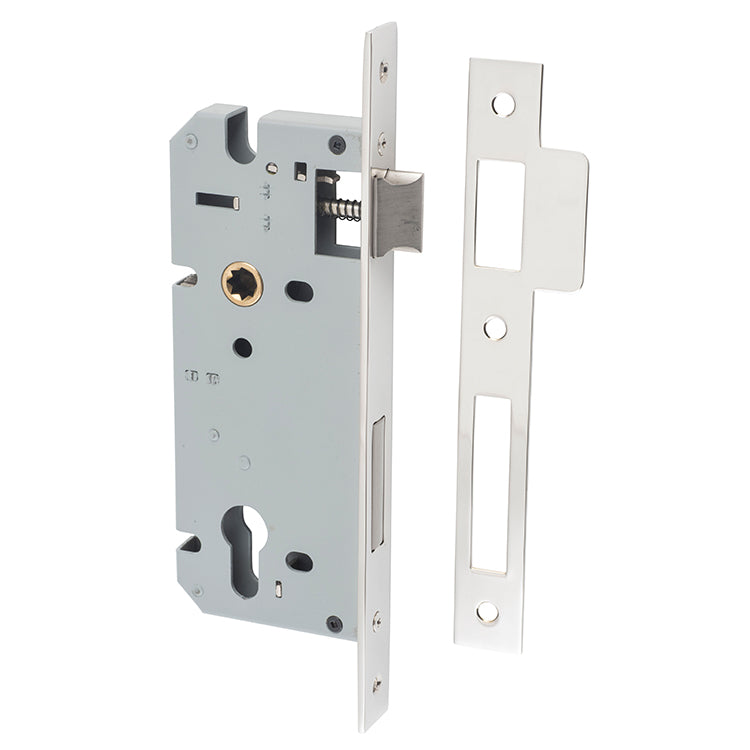 Mortice 85mm Euro Locks - 45mm Backset Polished Nickel / Steel & Sheet Brass