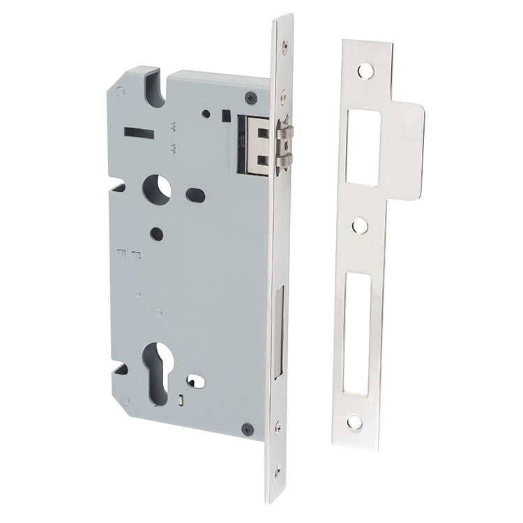 Mortice 85mm Euro Roller Lock - 60mm Backset Polished Nickel / Steel & Sheet Brass