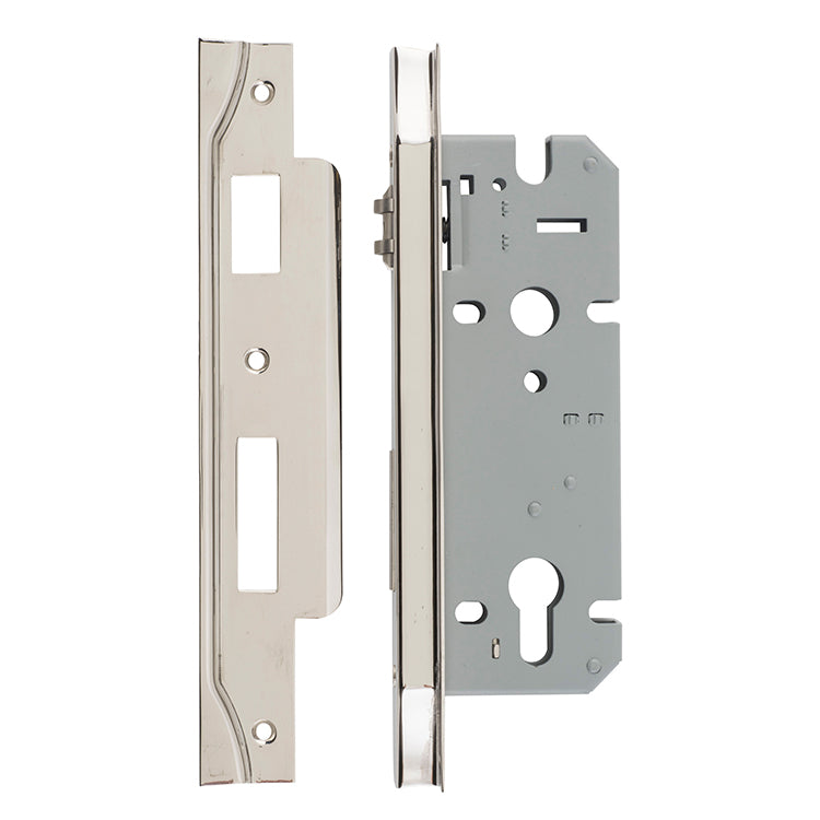 Rebated 85mm Euro Roller Mortice Locks - 45mm Backset Polished Nickel / Steel & Sheet Brass