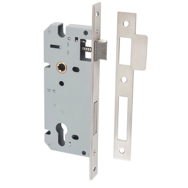 Mortice 85mm Euro Locks - 45mm Backset Satin Nickel / Steel & Sheet Brass