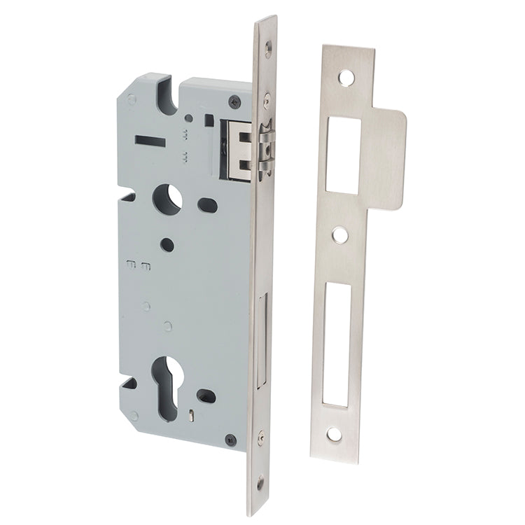Mortice 85mm Euro Roller Lock - 45mm Backset Satin Nickel / Steel & Sheet Brass