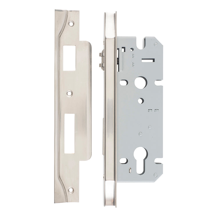 Rebated 85mm Euro Roller Mortice Locks - 45mm Backset Satin Nickel / Steel & Sheet Brass