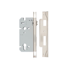 Rebated 85mm Euro Roller Mortice Locks - 60mm Backset Satin Nickel / Steel & Sheet Brass
