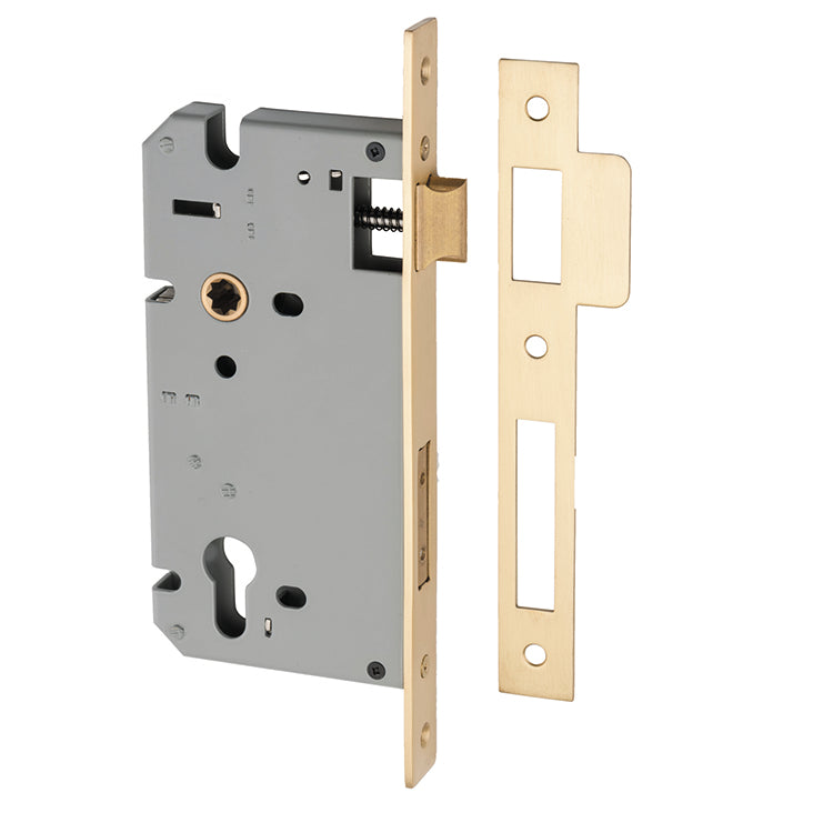 Mortice 85mm Euro Locks - 60mm Backset Brushed Brass / Steel & sheet Brass