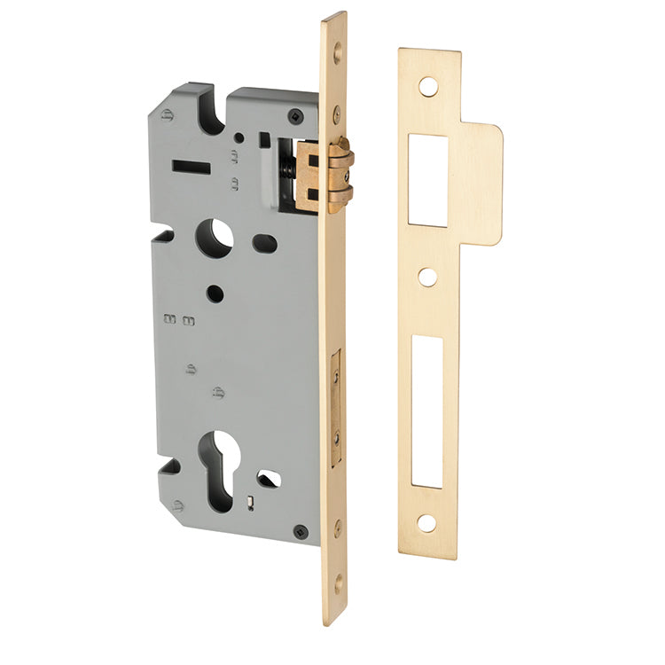 Mortice 85mm Euro Roller Lock - 45mm Backset Brushed Brass / Steel & Sheet Brass