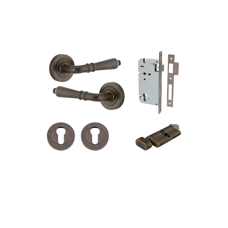 Sarlat Lever - Round Rose Entrance Kit with Separate High Security Lock Antique Brass / Solid Brass