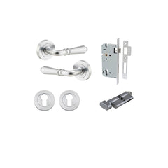 Sarlat Lever - Round Rose Entrance Kit with Separate High Security Lock Satin Chrome / Solid Brass