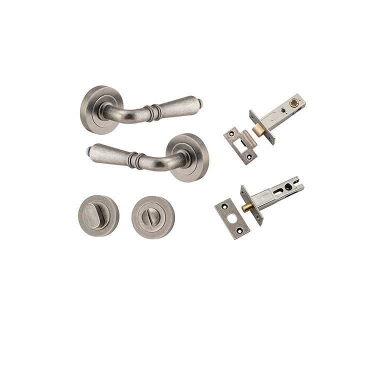 Sarlat Lever - Round Rose Privacy Kit with Separate Privacy Turn Rumbled Nickel / Solid Brass