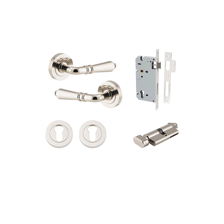 Sarlat Lever - Round Rose Entrance Kit with Separate High Security Lock Polished Nickel / Solid Brass