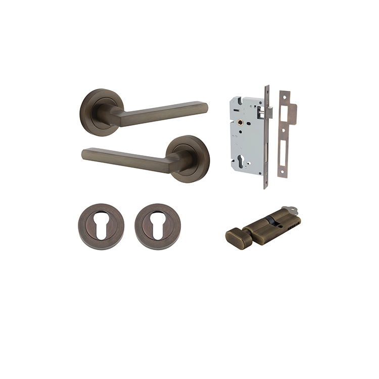 Baltimore Lever - Round Rose Entrance Kit with Separate High Security Lock Antique Brass / Solid Brass