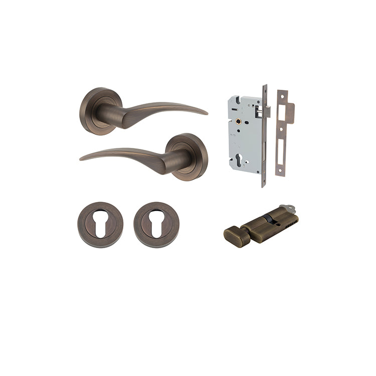 Oxford Lever - Round Rose Entrance Kit with Separate High Security Lock Antique Brass / Solid Brass