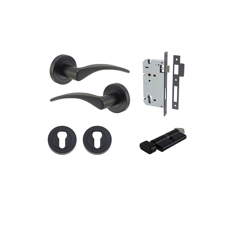 Oxford Lever - Round Rose Entrance Kit with Separate High Security Lock Matt Black / Solid Brass