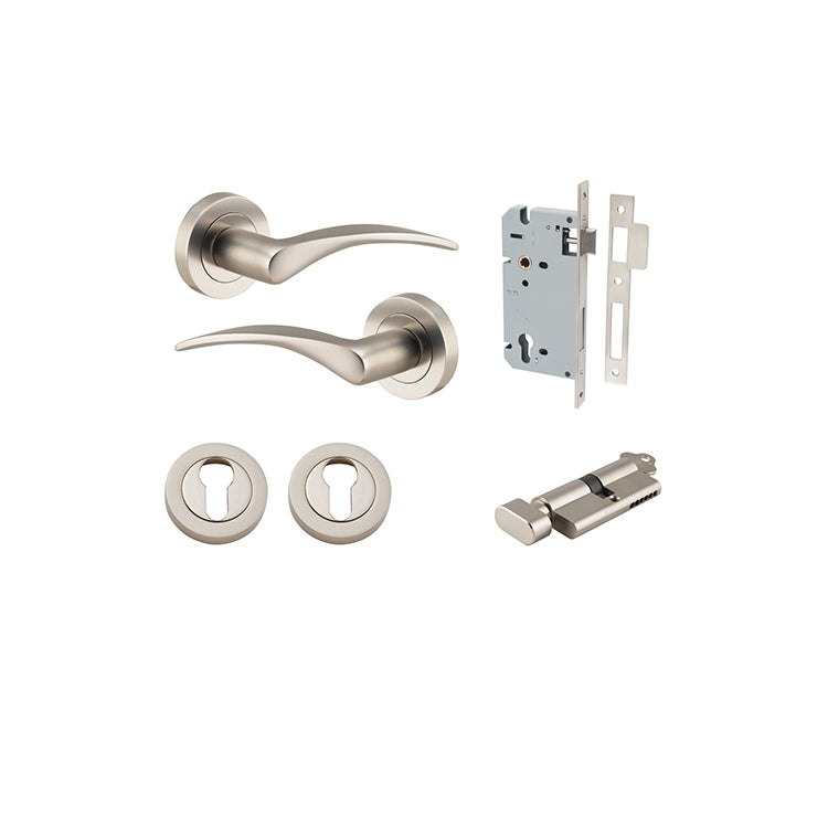 Oxford Lever - Round Rose Entrance Kit with Separate High Security Lock Satin Nickel / Solid Brass