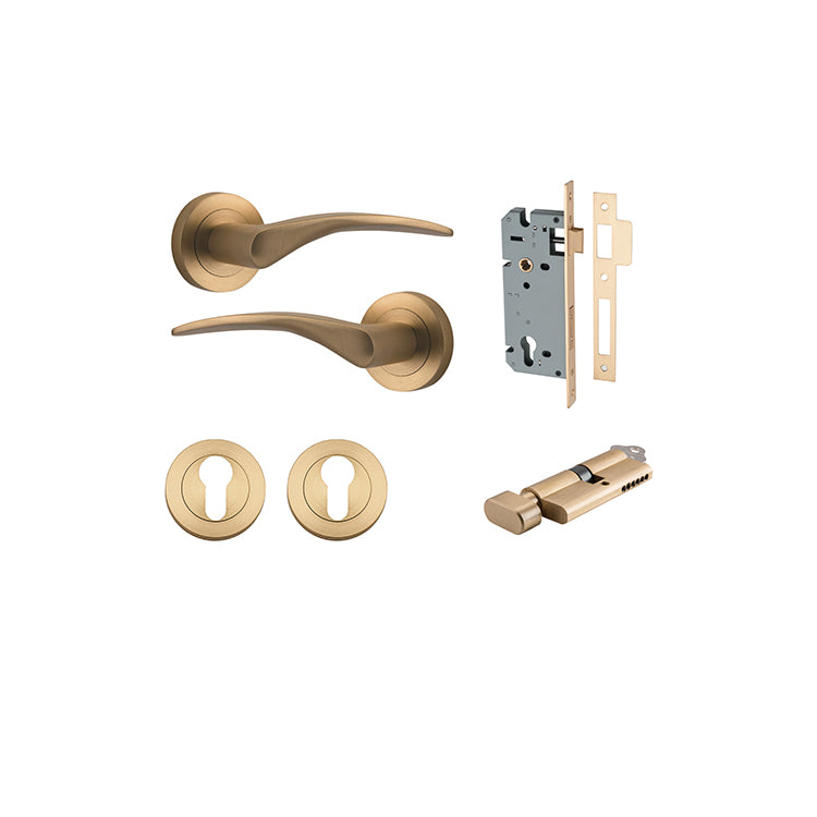 Oxford Lever - Round Rose Entrance Kit with Separate High Security Lock Satin Brass / Solid Brass