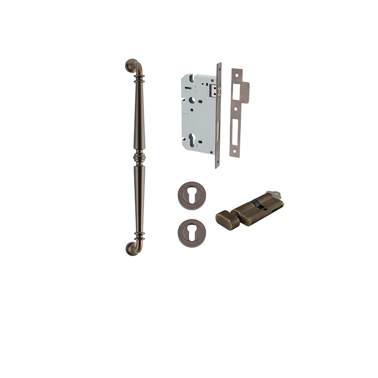 Sarlat Pull Handle - 450mm Entrance Kit with Separate High Security Lock Antique Brass / Solid Brass